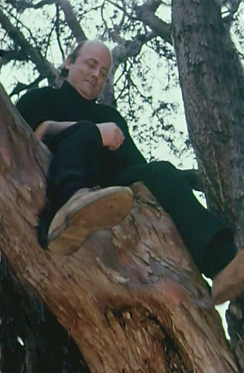Peter Redgrove up a tree in art school grounds